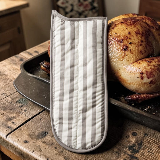 Quvon Double Oven Mitt - Extra Long Heavy-Duty Cotton Glove for Large Trays & Baking Sheets - Thick Heat Resistant Padding - Farmhouse Striped Design - Grey