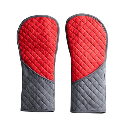 Quvon Silicone Oven Mitts - 500°F Heat Resistant & Waterproof - Extra Long 15-Inch Forearm Protection - Non-Slip Grip Quilted Cotton Lining - Red/Grey