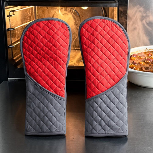 Quvon Silicone Oven Mitts - 500°F Heat Resistant & Waterproof - Extra Long 15-Inch Forearm Protection - Non-Slip Grip Quilted Cotton Lining - Red/Grey
